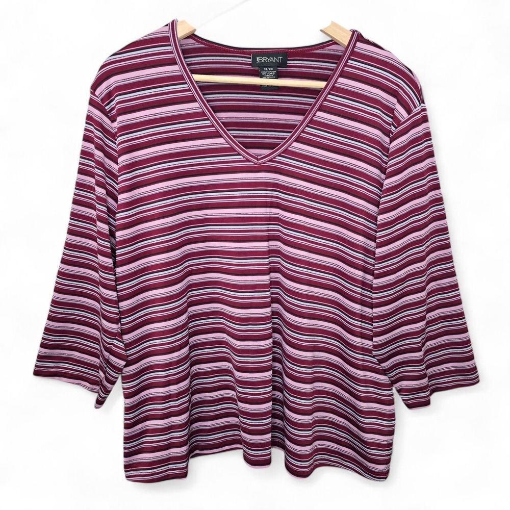 Lane Bryant‎ Top Womens Plus 18/20 Purple V Neck Striped Blouse Stretch Casual